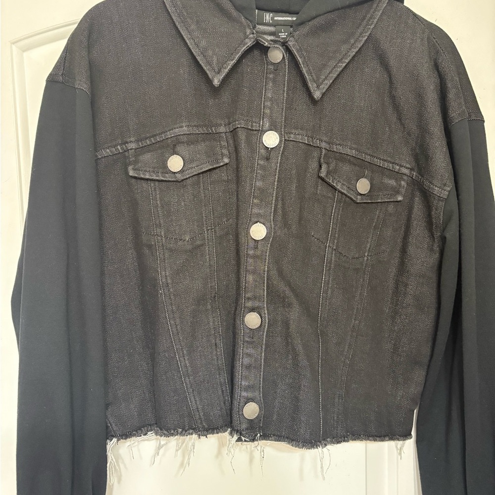 INC International Concepts Black Denim Jacket with Frayed Hem